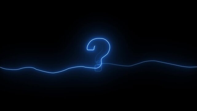 Glowing blue neon question mark symbol with a wavy line on a dark black background