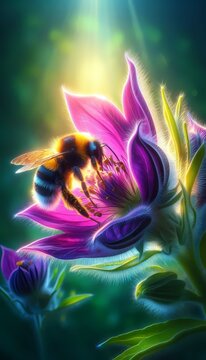 A beautiful, hyper-realistic close-up of a bumblebee pollinating a wildflower, Ai generated image