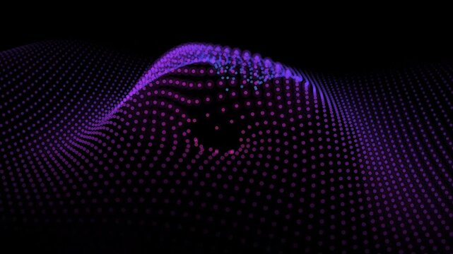 Abstract glowing digital wave of purple and blue particles flowing on black background futuristic technology concept science data visualization