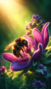 A beautiful, hyper-realistic close-up of a bumblebee pollinating a wildflower, Ai generated image
