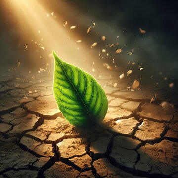 A powerful conceptual image of a single glowing green leaf emerging from a cracked, dry desert floor, symbolizing resilience and hope in the face of climate change, Ai generated image