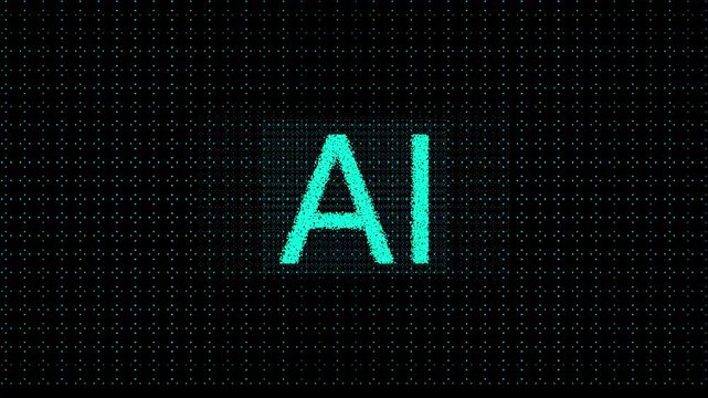 The AI text glows in bright teal pixels over a digital grid. Artificial intelligence machine learning data powers this AI text. High tech computing infrastructure supports the modern AI text.