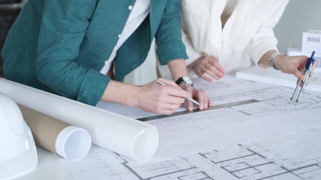 Architects discussing apartment building blueprint at office desk, using drafting tools for new architectural project design. Architecture and business concept