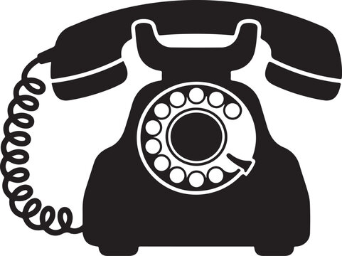 Telephone silhouette with a classic rotary dial design is isolated on a white background.