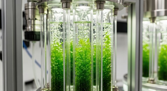 green algae growing inside illuminated glass tubes of modern bioreactor for biological water filtration