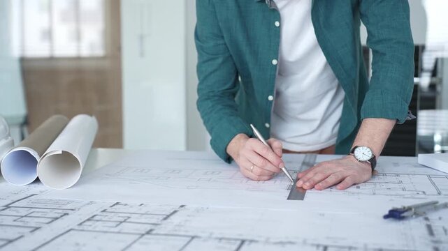 Architect designing building plan using ruler and pen, working on blueprints for construction and engineering project. Architecture and business concept