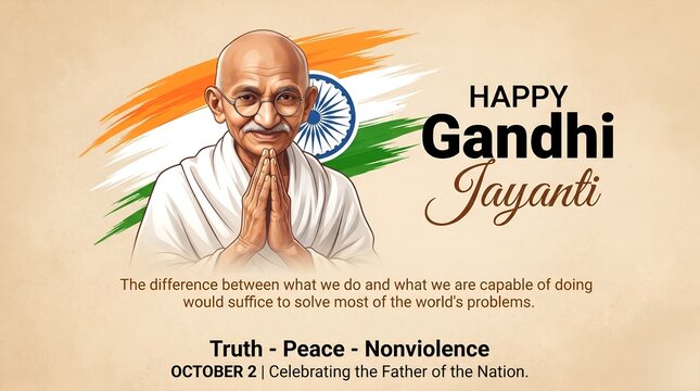 Happy Gandhi Jayanti banner with Mahatma Gandhi namaste pose and tricolor brush stroke
