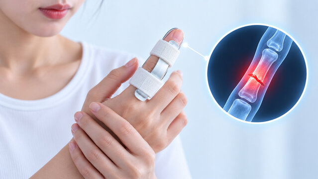 Woman Wearing Finger Splint with X-Ray Visualization of Finger Fracture