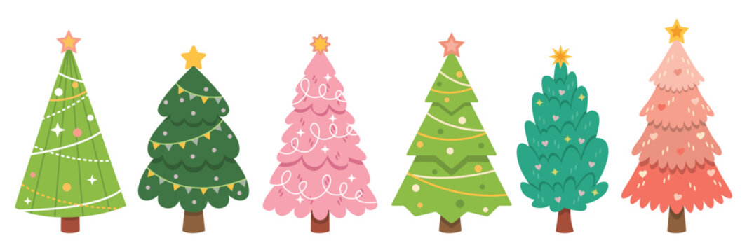 Cute decorated Christmas tree set in pastel pink and green shades isolated on white background. Flat winter holiday pine tree illustration collection.