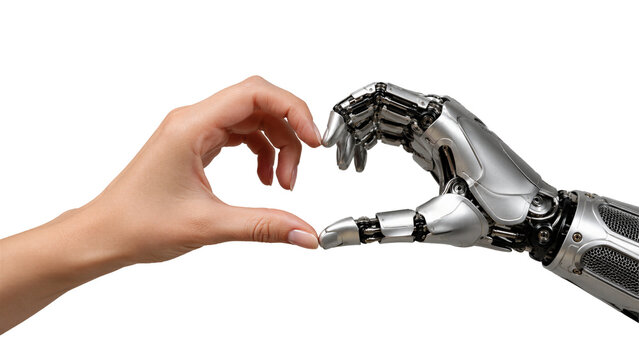 Human hand gently touches the fingertips of a silver mechanical hand, illustrating the growing relationship between humans and artificial intelligence.