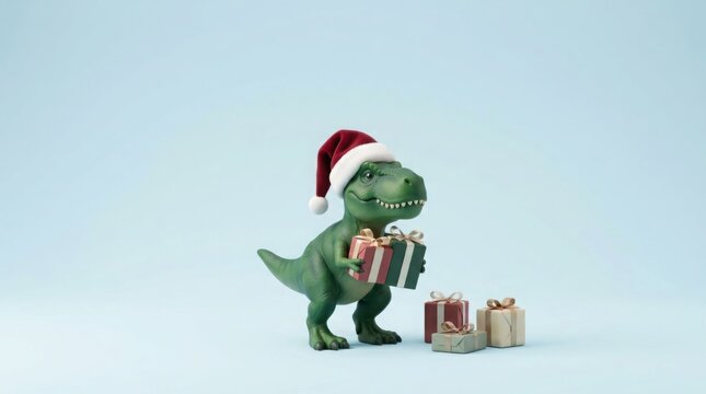 Toy Tyrannosaurus Rex wearing Santa hat holding presents against soft blue background