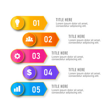 Colorful 5 options 3D arrow pointer process flowchart diagram vector graphic