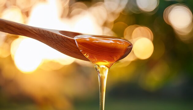 A Wooden Spoon Dripping With Golden Honey Against A Soft Blurred Background Highlighting The Fluidity And Natural Sweetness Of The Liquid