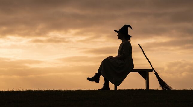 Silhouette of a witch sitting on a bench with her broomstick at sunset.