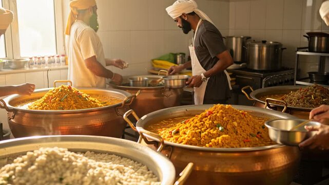 Dedicated volunteers prepare mass vegetarian meals in a large communal temple kitchen