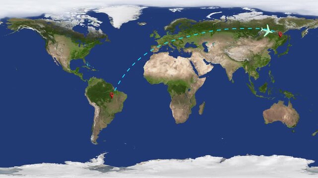 World map route tracks an airplane from South America to Asia. International flight travel paths navigate across the world map route. Global aviation navigation coordinates route on the world map.