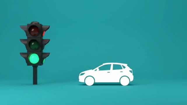 White car driving past a traffic light changing from red to green