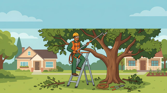 A professional tree surgeon, wearing safety gear and a hard hat, meticulously trims a large tree branch while standing on a ladder in a suburban backyard.