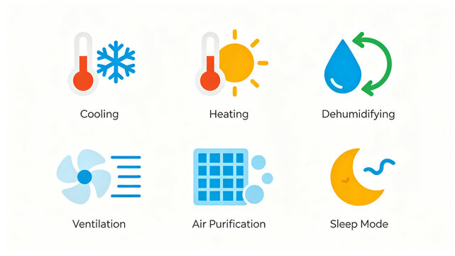 Simplified air conditioning mode flat icon, suitable for air conditioning product introduction, details, and selling point modules for cooling, heating, purification, and dehumidification.
