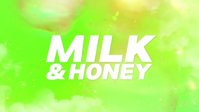 Typography featuring milk and honey text in bold white letters set against a luminous neon green abstract glowing background with soft particles.
