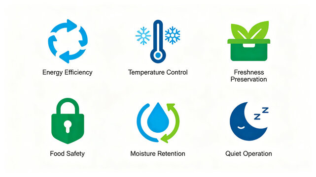 Simple home appliance selling point vector icon, energy efficiency, temperature control, lock freshness and safety, suitable for refrigerator product promotion and official website functional sections