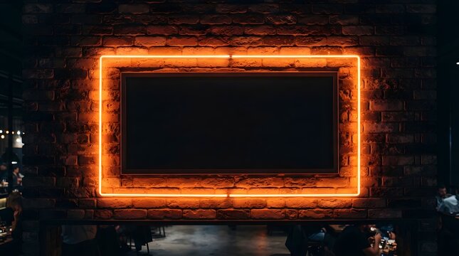 Glowing orange rectangular neon light frame surrounding a dark blank center panel mounted upon a textured rustic aged brick wall