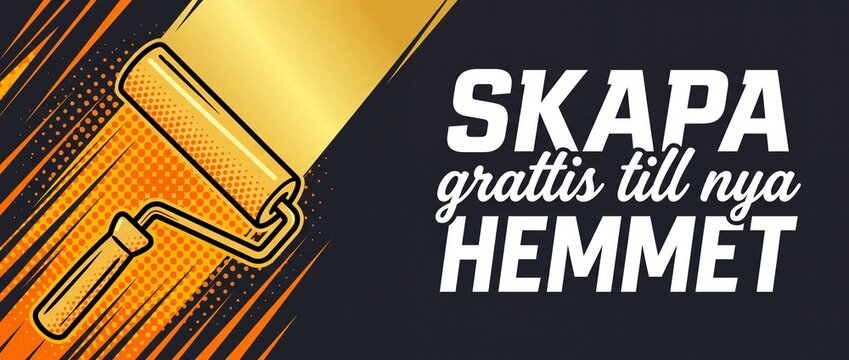 Pop art paint roller yellow stroke over black background with comic halftone dots, featuring Swedish text congratulations on new home, symbolizing creative home renovation, moving and interior design.