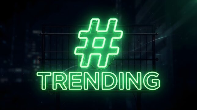 Glowing green neon sign displaying hashtag trending symbol attached to metal wire frame against dark blurred background with bright illumination