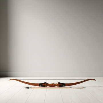 Recurve bow resting beside single feathered arrow on white wooden floor for traditional archery sporting equipment