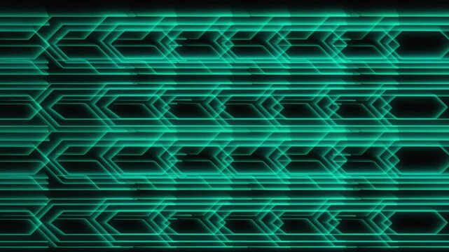 Abstract teal hexagonal pattern displays glowing circuit lines. Futuristic geometric honeycomb textures form the hexagonal pattern. Modern cyber technology motion fills this teal hexagonal pattern.