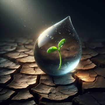 A conceptual image of a single, large raindrop falling onto a dry, cracked earth, with a tiny green sprout emerging from the moisture, Ai generated image