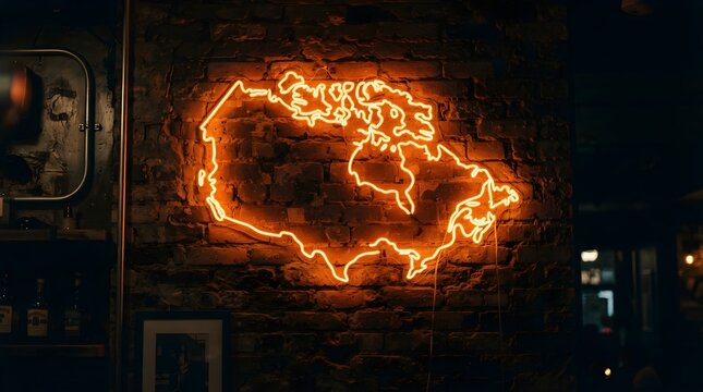 Glowing orange neon sign shaped like the map of Canada mounted on a dark textured rustic brick wall interior setting