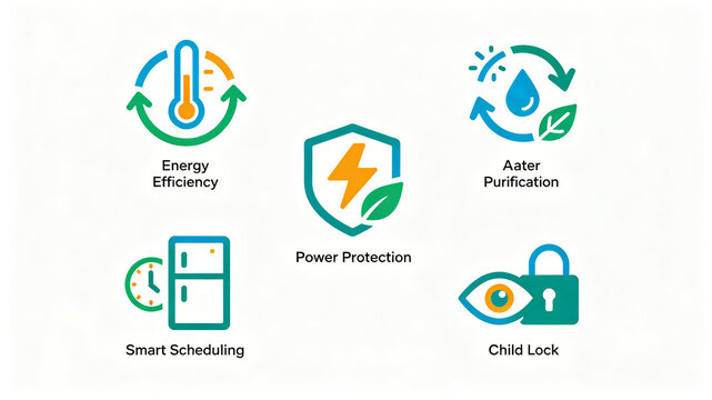 Simple home appliance safety function icon, energy-saving, water purification, child lock protection, suitable for refrigerator safety selling points and product introduction posters.
