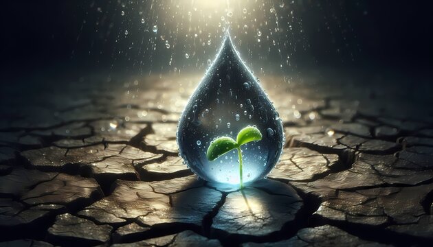 A conceptual image of a single, large raindrop falling onto a dry, cracked earth, with a tiny green sprout emerging from the moisture, Ai generated image