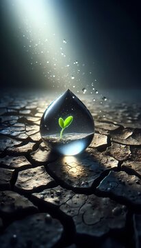 A conceptual image of a single, large raindrop falling onto a dry, cracked earth, with a tiny green sprout emerging from the moisture, Ai generated image