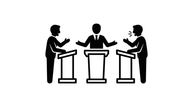 Black and white icon of a political debate with a moderator and two candidates.