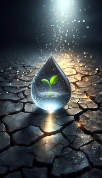 A conceptual image of a single, large raindrop falling onto a dry, cracked earth, with a tiny green sprout emerging from the moisture, Ai generated image