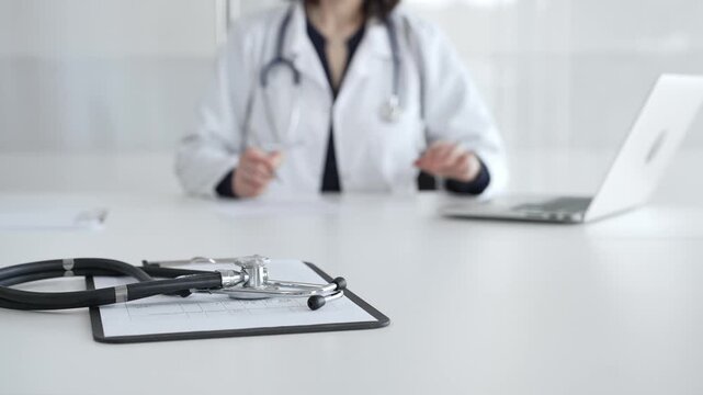 Stethoscope on clipboard, doctor working in office, preparing for patient examination, medical healthcare appointment. Medicine, healthcare and science concept