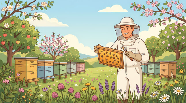 A beekeeper in protective gear holds a honeycomb frame, standing amidst rows of colorful beehives in a vibrant, blooming meadow under a clear blue sky.