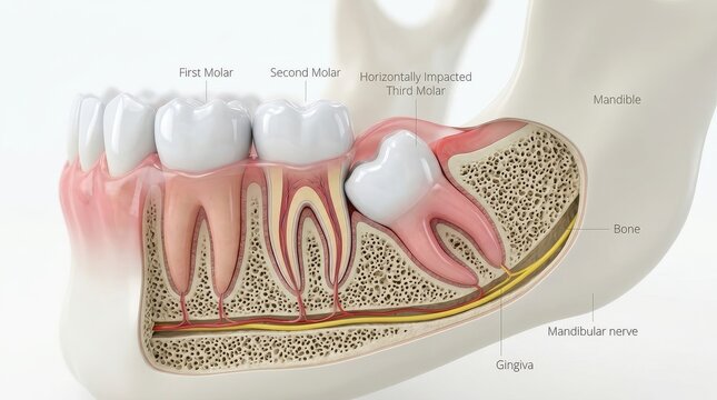 Medical Illustration of a Horizontally Impacted Third Molar Wisdom Tooth in the Human Mandible Jaw Bone