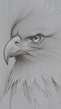 Intricate monochrome engraving of an eagle's face composed of fine parallel lines with a visible tear drop.