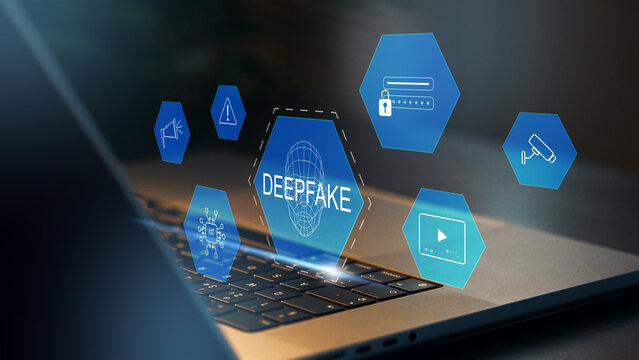 Deep fake technology displayed on a laptop screen with various warning icons and graphics