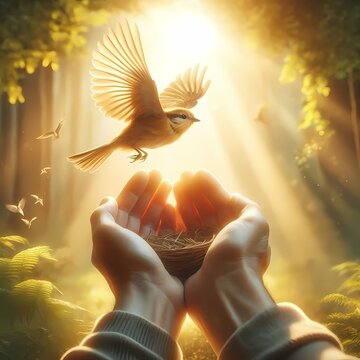 A gentle, heartwarming image of a person gently releasing a rescued bird back into the wild, with the bird flying up into a bright, golden sky, Ai generated image