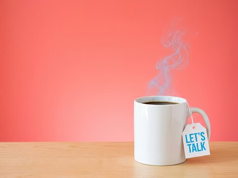 Steaming white coffee mug with a Lets Talk tag suitable for communication and mental health media symbolizing open dialogue and connection