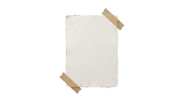 Piece of textured white paper with rough edges is attached to a grey background using two pieces of masking tape.