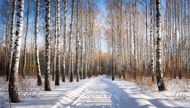 A Path In A Birch Grove In Winter On A Sunny Day