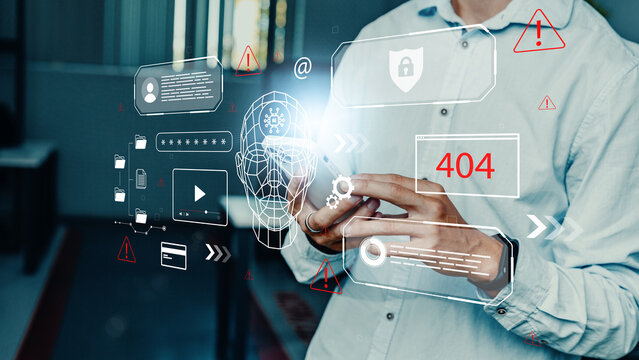 Technology and deep fake concept with a person holding a smartphone and virtual graphics in a workspace