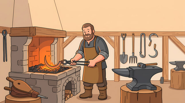 A blacksmith works at a forge, heating metal in the fire before shaping it on an anvil. The scene depicts traditional craftsmanship and industrial skill.