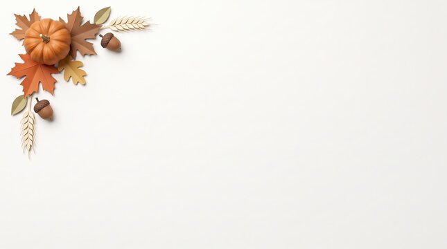 Decorative thanksgiving corner border with pumpkins and autumn leaves on a white background