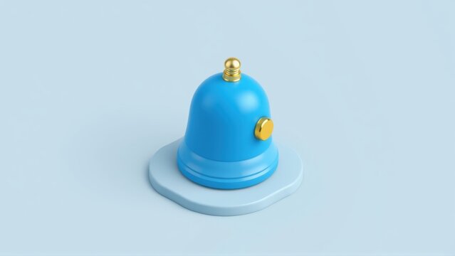 Blue service bell rests upon light blue base. Gold accents highlight top, button. Minimalist design, clean aesthetic. Simple, elegant.